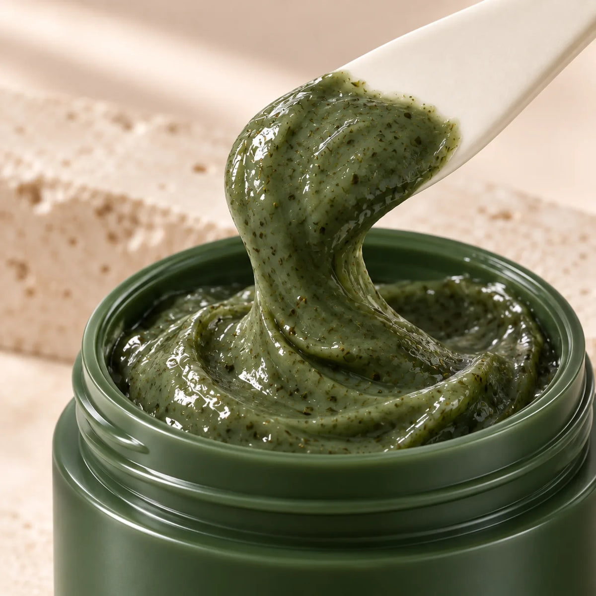 Olive green mask texture lifted on a cream ceramic spatula